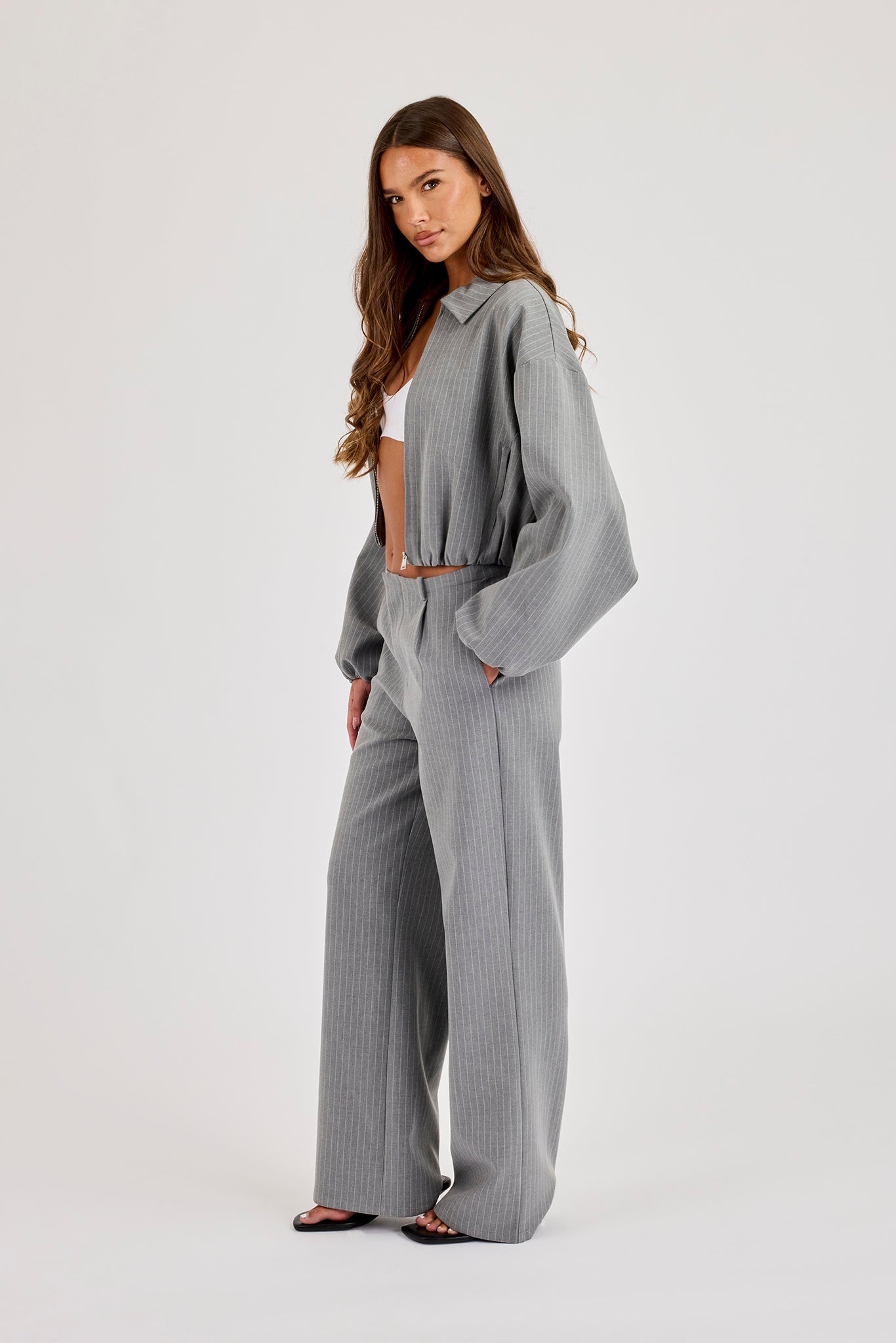 Pinstripe Collared Bomber Jacket & Wide Leg Trouser - Grey